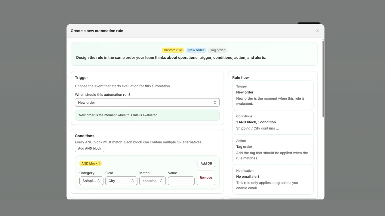 Rule editor with trigger, conditions, and action